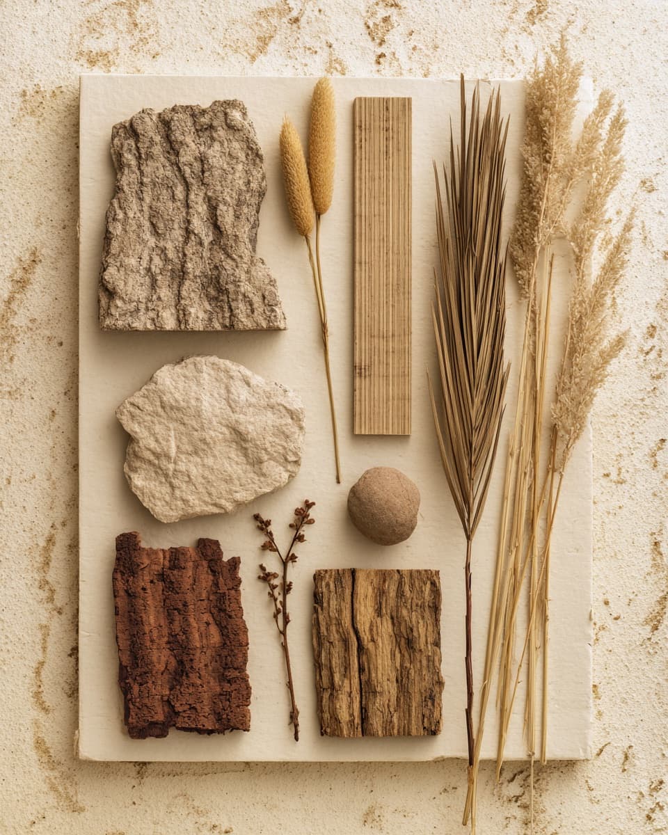 Materiales naturales de construcción: corteza, madera, piedra y fibras vegetales sobre papel crema